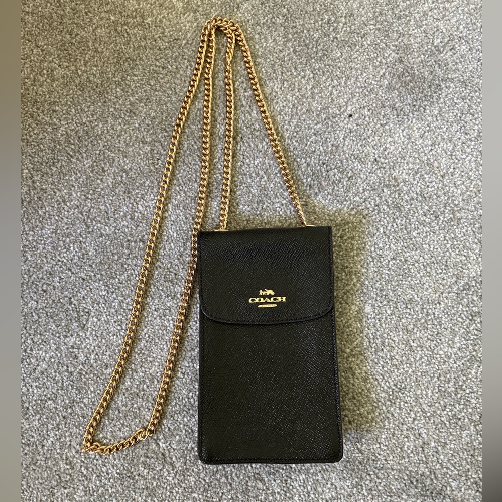 Coach Black Phone Crossbody with Gold Chain